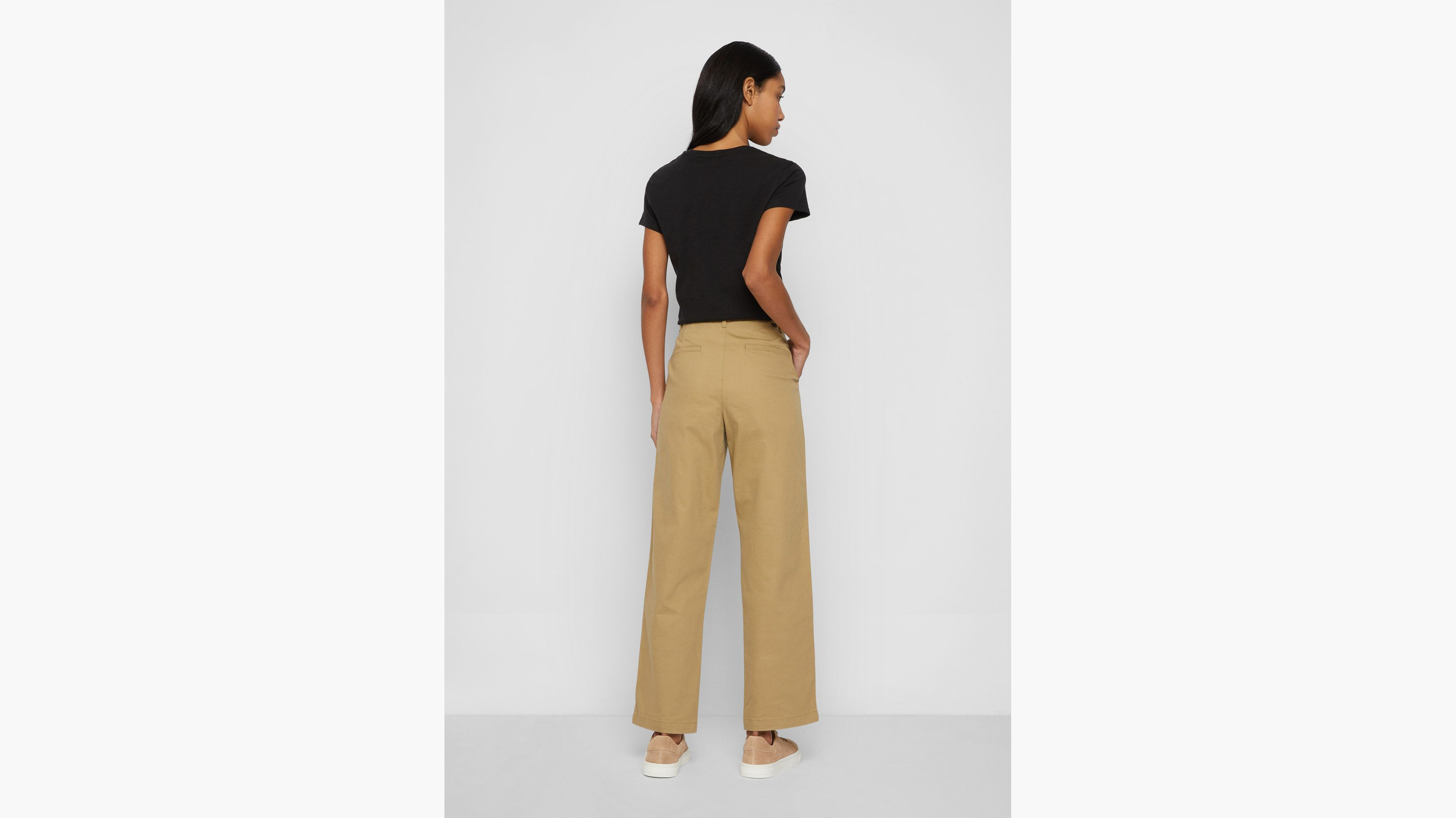 Pantalon kaki taille haute coupe droite pour femme
