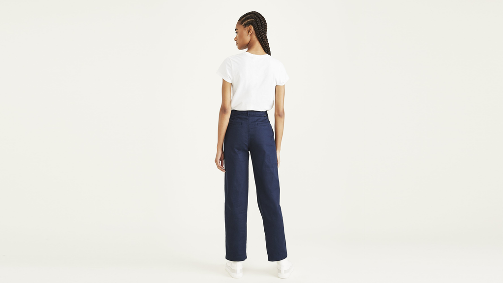 Pantalon kaki taille haute coupe droite pour femme