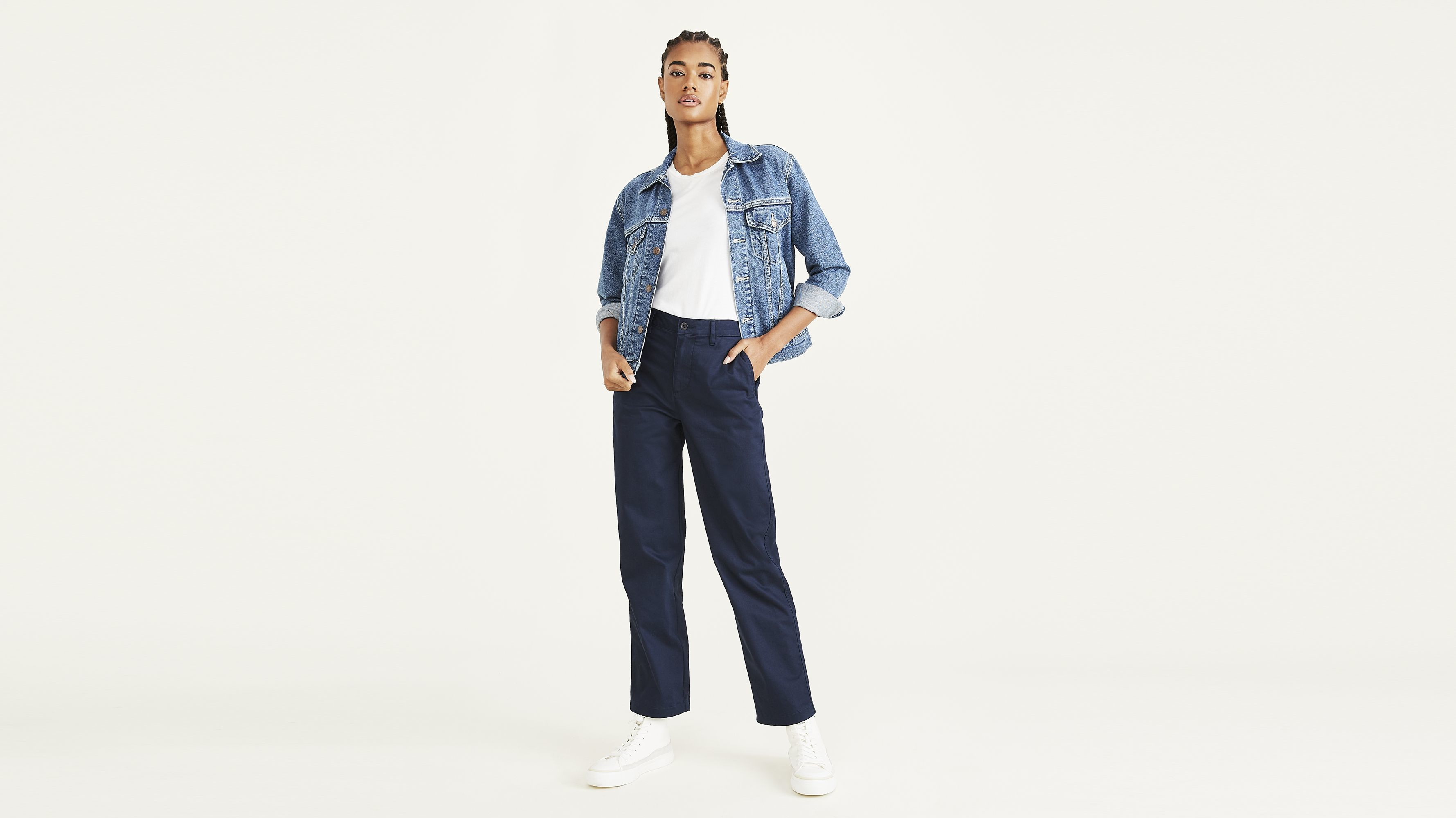 Pantalon kaki taille haute coupe droite pour femme