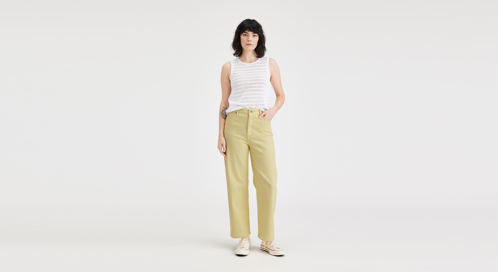 Pantalon coupe droite haute en jean pour femme