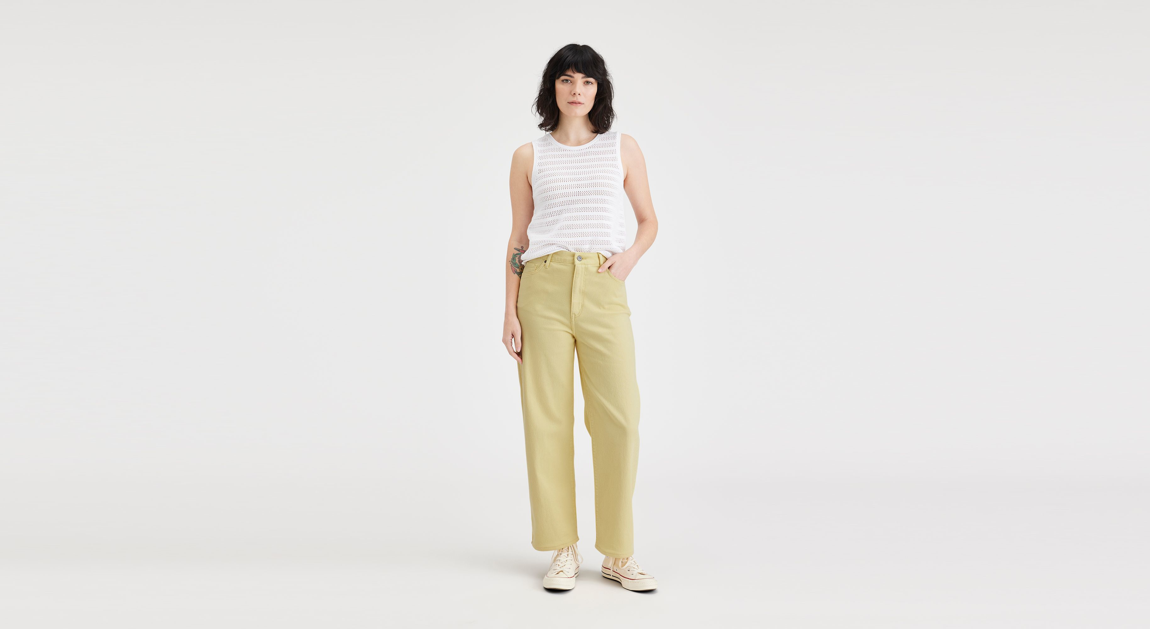 Pantalon coupe droite haute en jean pour femme