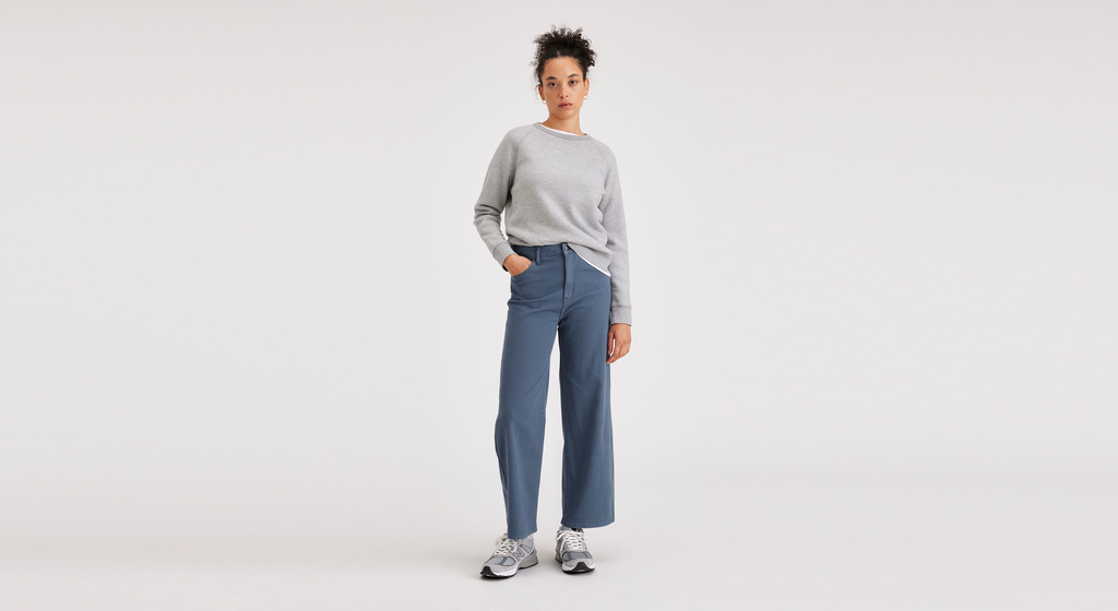 Pantalon coupe droite haute en jean pour femme